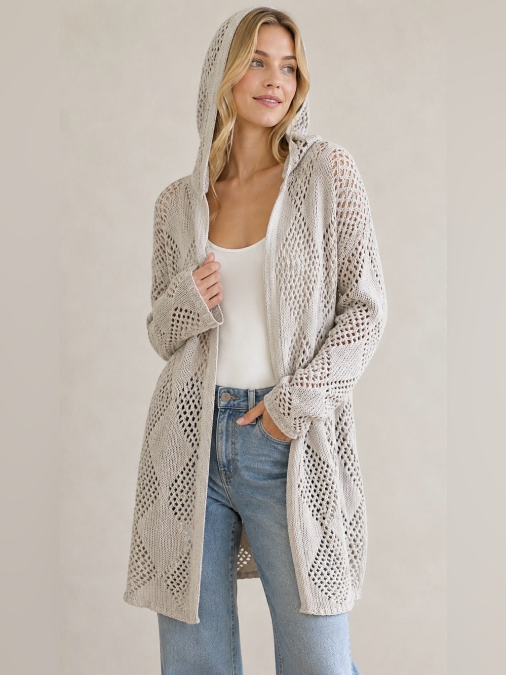 Nicole Miller Artelier Beige Cream Open-Knit Hooded Cardigan Sweater women’s M